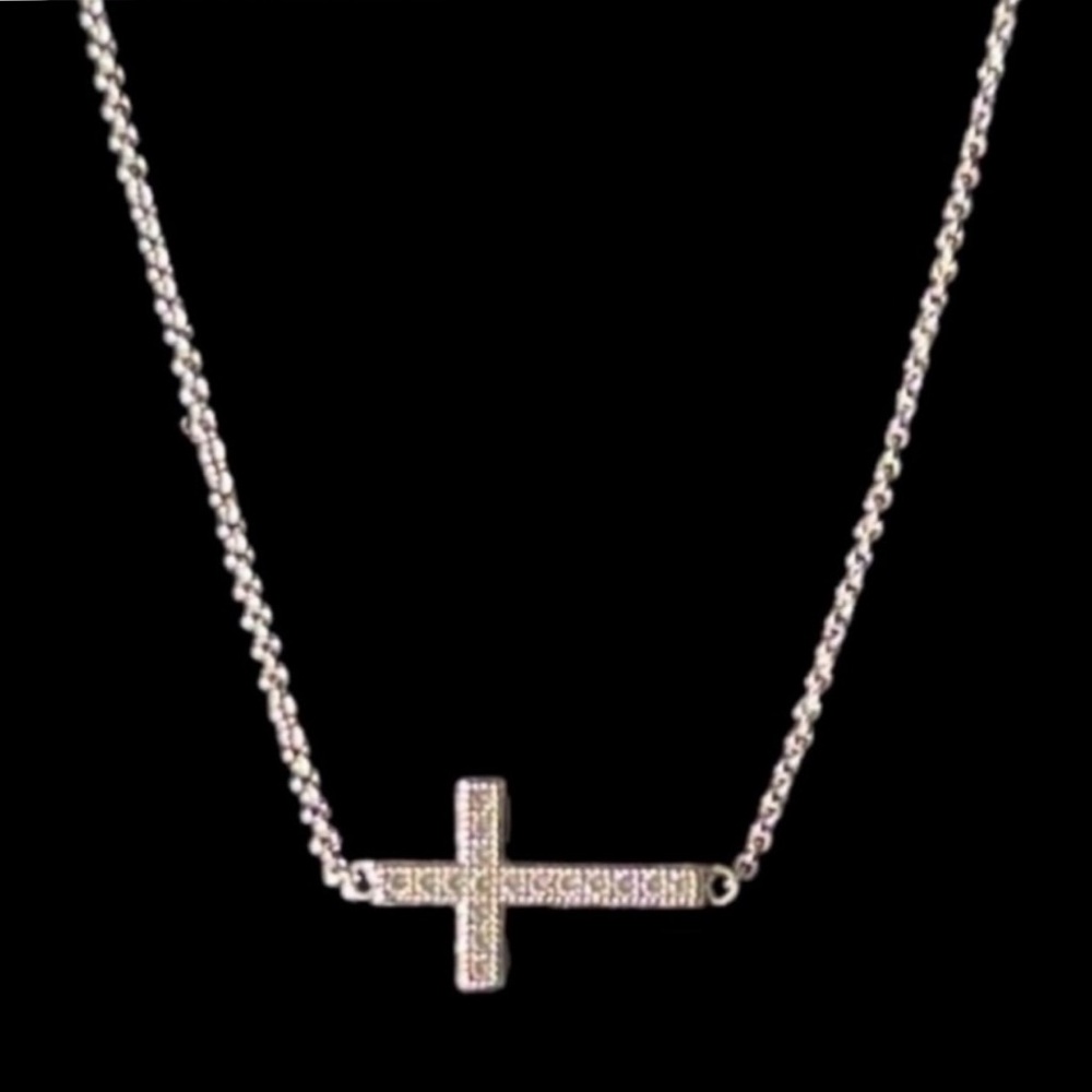 .925 Sterling Silver Cubic Zirconia Sideways Cross Necklace